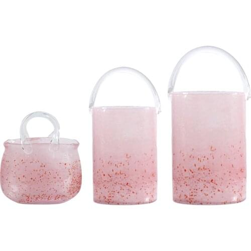 Creative Luxury Glass Bag Vase Shopping Basket with Handle Cherry Pink Flower Arrangement Living Room Outdoor Decor