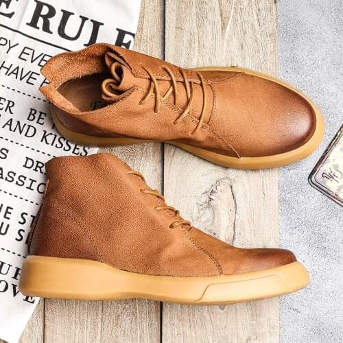 IMOSOIKO Fashion Mens Leather Boots High Top Casual Shoes British Style Martin Boots Lace-Up Soft Sole Leather Shoes