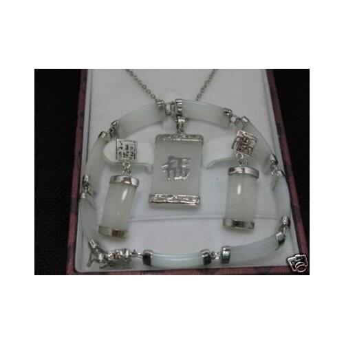 Charming real white jades Tibet Silver necklace earring bracelet Free shipping