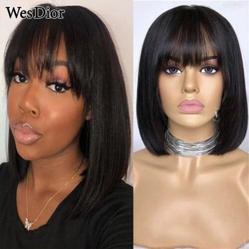 Straight Human Hair Wigs With Bangs Glueless Brazilian Full Machine Made Wigs For Black Women Straight Short Bob Wig Density 180