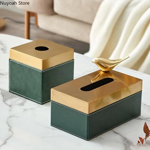 Nordic Light Luxury Tissue Box Decoration High-end Luxury Household Golden Metal Leather Drawer Box Living Room Decoration