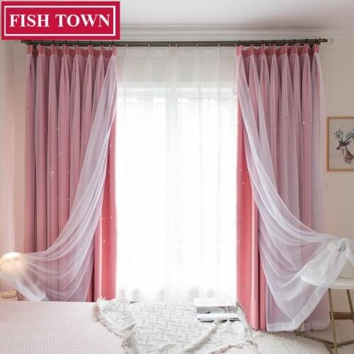 FISH TOWN Hollow Star Thermal Insulated Blackout Curtains for Living Room Bedroom Window Curtain Blind Stitched with white Voile