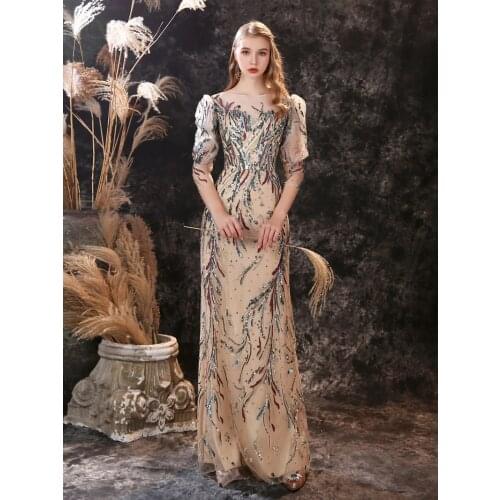 Gorgeous Evening Dresses 2021 New Arrival Sequined Lace Champagne Mermaid Formal Prom Gown with 3/4 Sleeves