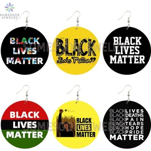 SOMESOOR Black Lives Matter Africa Colors Wooden Drop Earrings Melanin Power Fist Sayings Printed Loops Dangle Jewelry For Women