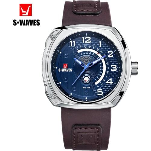 SWAVES Leather Watches Mens 2019 Water Resistant Silver Blue Watch Men Complete Calendar Sport Relojes Hombre Clock Dropshipping