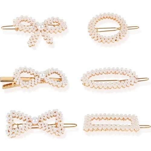 Fashion Woman Elegant Pearl Hairpin Bowknot Circular Square Geometric Hair Clips Girl Sweet Pearl Metal Barrette Hair Accessorie