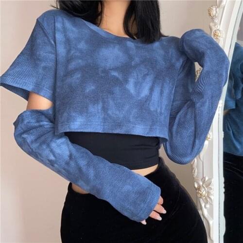 2021Tie Dye T-shirts Women Blue Removable Sleeve Trendy Korean Style Chic Club Streetwear Popular Female Crop Ins Sexy SlimTop