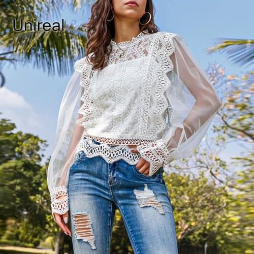 Unireal 2021 Summer Women White Lace Blouse Shirt Long Sleeve See Through Sexy Transparent Ruffle Blouse Sexy Tops