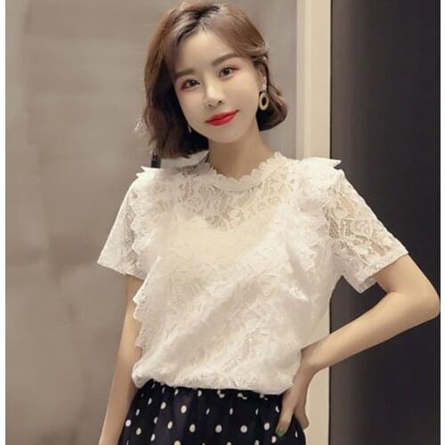 Women Spring Summer Style Lace Blouses Shirts Lady Casual Short Sleeve O-Neck Lace Blusas Tops DD2019