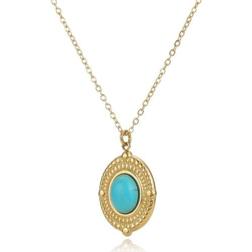 Bohemian Blue Natural Stone Pendant Necklaces For Women Oval Shape Geometric Textured Charm Collar Necklaces Colar Jewelry