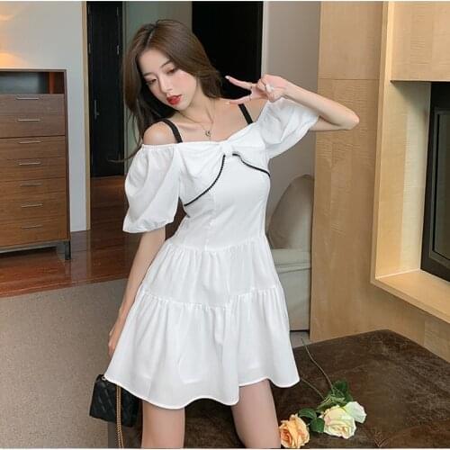 Puff Sleeve Korean White Short Summer Women Dress Slash Neck Suspender Bow Slim Folds Sweet Casual Dresses Female Preppy Style