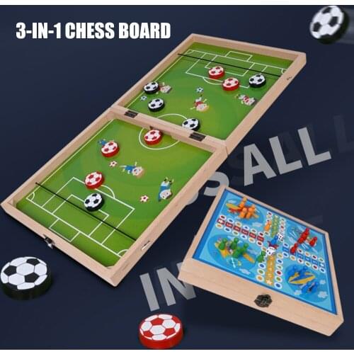 3 in 1 Chess Board Foldable Fast-Sling Puck Games Gobang Chess Flying Chess Set Portable Wooden Tabletop Sling Foosball Games
