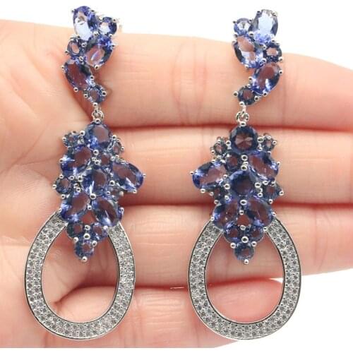 66x23mm Super Big European Design Created New Stone Iolite White Zircon For Ladies Dating Silver Earrings