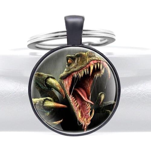 Raptor Dinosaur Design Glass Cabochon Metal Key Chain Charm Men Women Key Ring Jewelry Gifts Keychains
