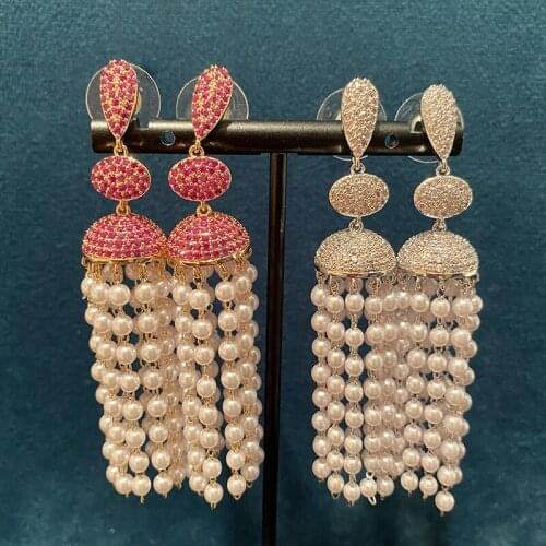 Colorful Cubic Zircon Pearl Tassel Long Hanging Earrings Wheat Ears Chain Korean Pop For Women Jewelry Friends Gift