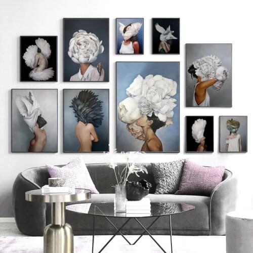Flower Feather Woman Abstract Body Art Wall Art Canvas Painting Fashion Modern Nordic Poster Wall Pictures For Living Room Decor