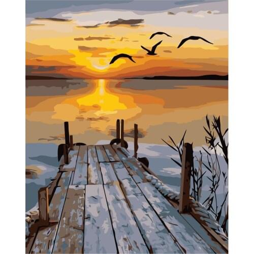 Oil Painting By Numbers Sunrise View of Sea Bridge Framed Acrylic Paint Modern Wall Art HandPainted Coloring Pictures Home Decor