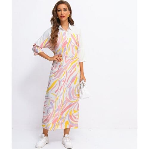 Fridayin Summer Fashion Womens Loose Long Printed Graffiti Color Shirt Dress Casual Elegant Half Sleeve Shirt Maxi Vestidos