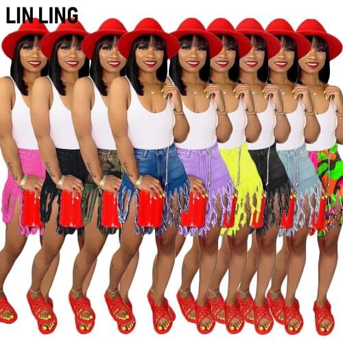 LINLING Summer High Waisted Fringed Denim Shorts Fashionable Street Style Denim Pocket Straight Pants