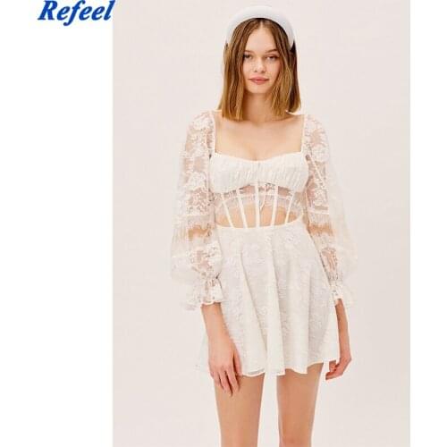 Fashion Women Boho Summer Beach Mesh Lace Mini Dress Elegant Ruffles Ladies Long Sleeve Kaftan See Through Dress Beachwear