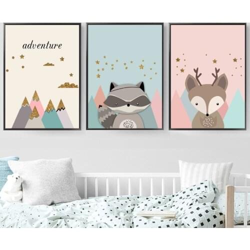 Cartoon Deer Raccoon Mountain Cloud Wall Art Canvas Painting Nordic Posters And Prints Wall Pictures Kids Room Nursery Decor