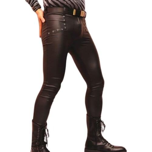 Mens Convex Pouch PU Tight Pencil Pants Bar Clubwear Faux Leather Skinny Leggings Male Motorcycle Spodnie Fashion Streetwear