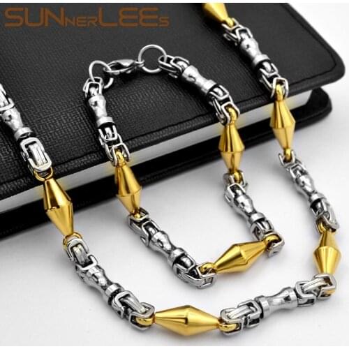 SUNNERLEES 316L Stainless Steel Necklace Bracelet Set 7mm Geometric Link Chain Silver Color Gold Plated Men Women SC186 S