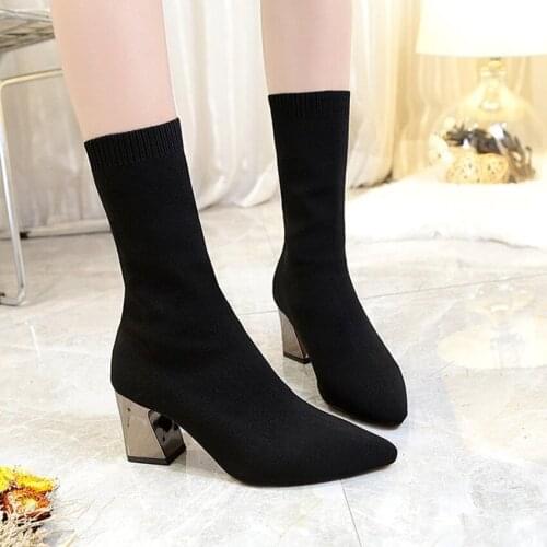 NEW women fashion mid calf boots for spring autumn pointed toe high heel black solid lady stretch fabric knitting Socks shoes
