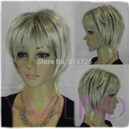 Wholesale price >Short straight silver grey mix layered synthetic hair full wig