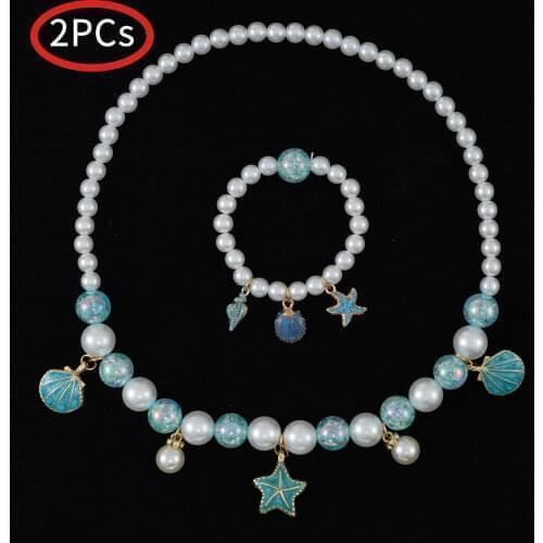 Girls Pearl Beaded Starfish Shell Necklace Rings Earrings Fashion Starfish Pendant Kids Charm Jewelry Set For Girls Party Gift