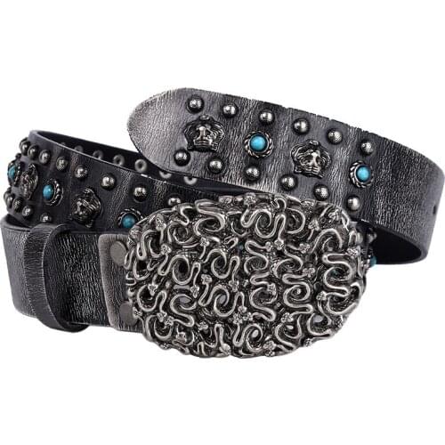 Ta-weo) Western Cowboy Cowhide Handmade Belt, Young Men and Women metal Rivet Punk Genuine Leather Belts