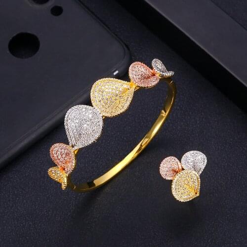 Jankelly Luxury leaf shape Bangle Ring Sets Fashion Dubai Silver Bridal Jewelry Sets For Women Wedding brincos para as mulheres