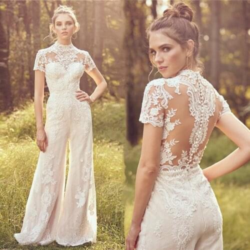 Luxury Lace Jumpsuit Wedding Dresses 2021 High Neck Short Sleeve Tulle Ivory Long Pants Bridal Gown With Pockets Button Back