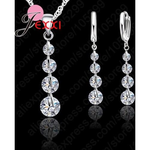 Exqusite Long Crystal Earrings Pendant Necklace Jewelry Set Shiny Zircon Crystal 925 Sterling Silver Top Quality Wedding Bijou