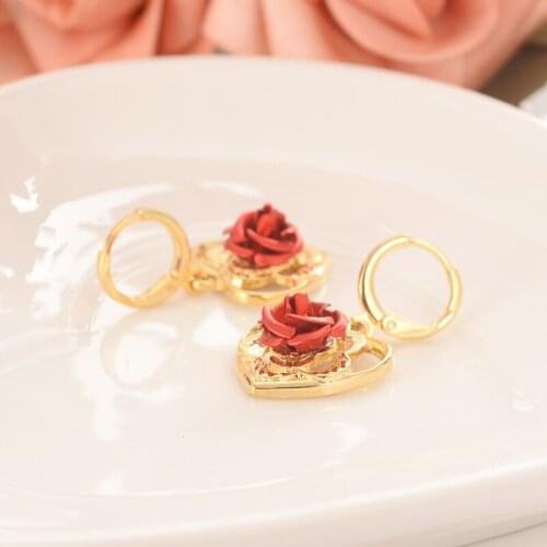 NEW ARRIVAL 14 k YELLOW FINE GOLD FILLED EARRING WITH RED ROSE FLOWER HEART DESIGN