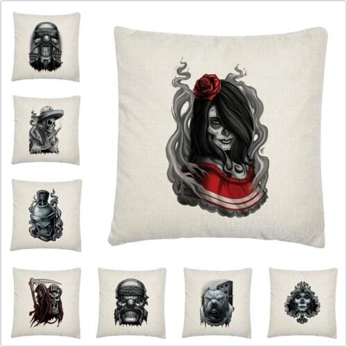 Gray skull cartoon pattern Linen Cushion Cover Pillow Case for Home Sofa Car Decor Pillowcase 45X45cm