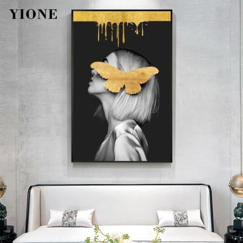 Modern Black and White Woman with Yellow Butterfly Canvas Paintings Abstract Figure Wall Art Poster Picture Prints Home Decor