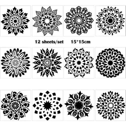 12pc Mandala Stencil Bullet Journal Accessories PET Painting Template Embossing Craft Diy Scrapbooking Office School Supplies