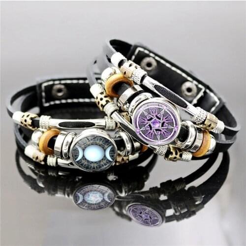 Vintage Statue of Triple Moon Goddess Bracelet Wicca Pentagram Snap Button Punk Style DIY Multi-layer Leather Bracelets Bangle