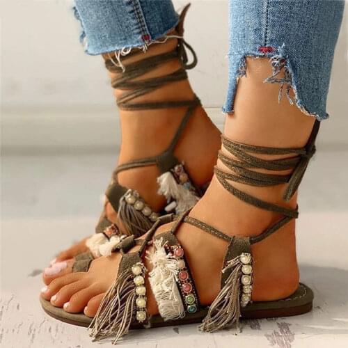 Woman Ethnic Bohemia Sandals 2021 Women Tassel Gladiator Flats Ladies Summer Bead Cross Tied Shoes Female Footwear Plus Size 43