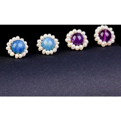 Natural Fresh Water Baroque Pearl Natural Lapis Lazuli Stone Flower Stud Earring For Women Fine Jewellery Exquisite Bijoux New