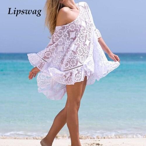 Women Sexy Mesh Beach Dress White Knitting Tassel Bathing Suit Hollow Out Ruffle Backless Bikini Sunscreen Cover Up Swimwear