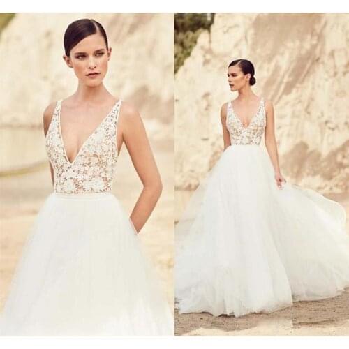 Spaghetti A-line Tulle Bridal Dresses Sexy Vintage See Through Wedding Gowns Backless Beach Wedding Dresses vestidos de novia