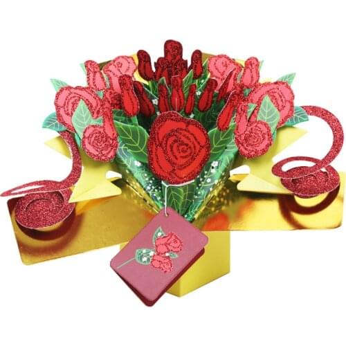 10pcs Wholesale 3D Handmade Gold Powder Rose Gift Box Shape Invitation Greeting Cards PostCard Birthday Valentines Day Gift