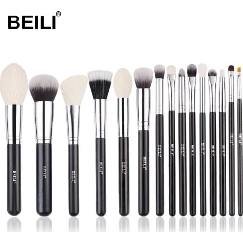 BEILI Black 15pcs Professional Makeup Brushes Set Goat Hair Synthetic Eyeliner Powder Foundation Blush Eye shadow Make up Brush