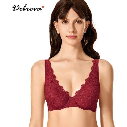 DOBREVA Plunge Lace Bralette Womens Underwire Bra Unlined Bra