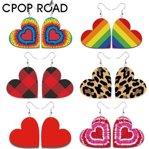 Cpop Valentines Day Earrings for Women Rainbow Colors Tie Dye Leopard Heart Earring Fashion Love Jewelry Accessories Party Gift