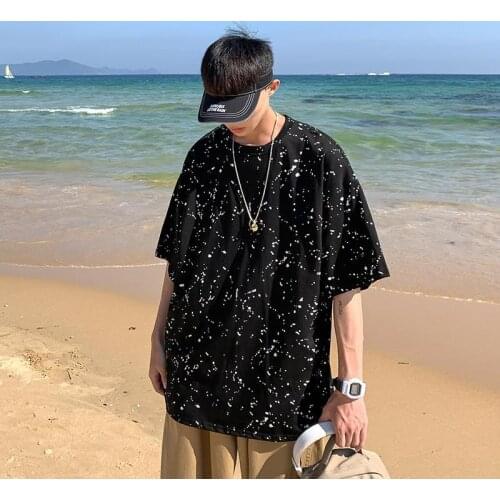 Summer Men T Shirt Oversized Dots Print Black Short Sleeve O Neck Korean Fashion Harajuku Cool Men and Women Couple Tee Shirts