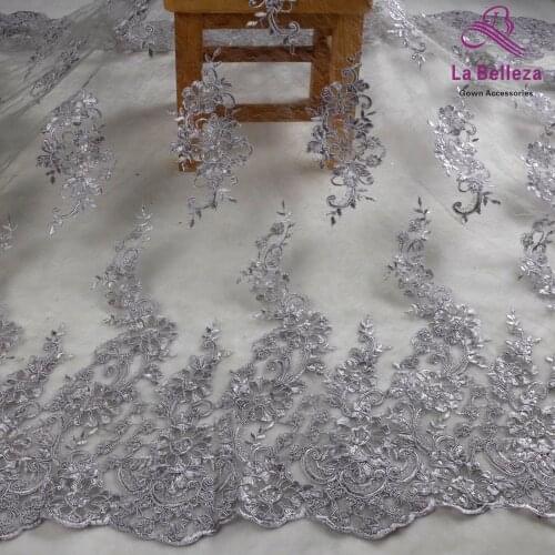 La Belleza 1 yard Gray cord with sequins on irregular Dark pattern net embroidery lace fabric
