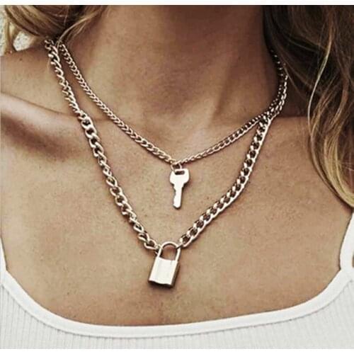 Multi Layer Lover Lock Pendant Choker Necklace Steampunk Key Lock Heart Chain Women Necklace Collier Best Couple Jewelry Gift